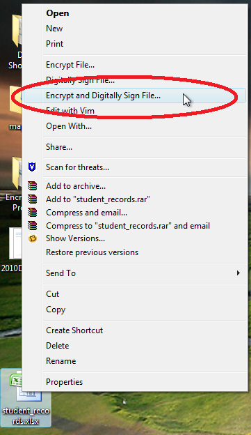Right click on the icon for the file which you would like to encrypt for a group and click Encrypt and Digitally Sign File…